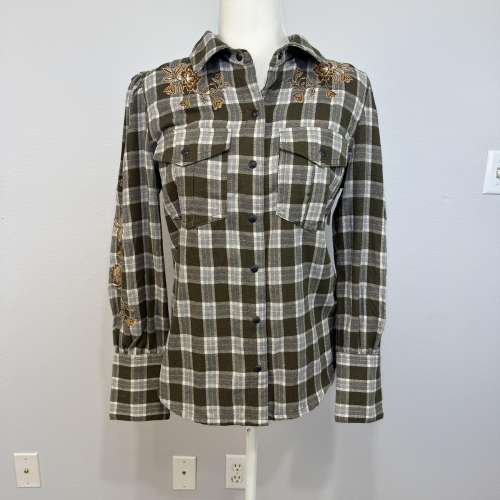 Driftwood Shirt Women's Medium Olive Plaid Flannel Embroidered Western Snap Boho